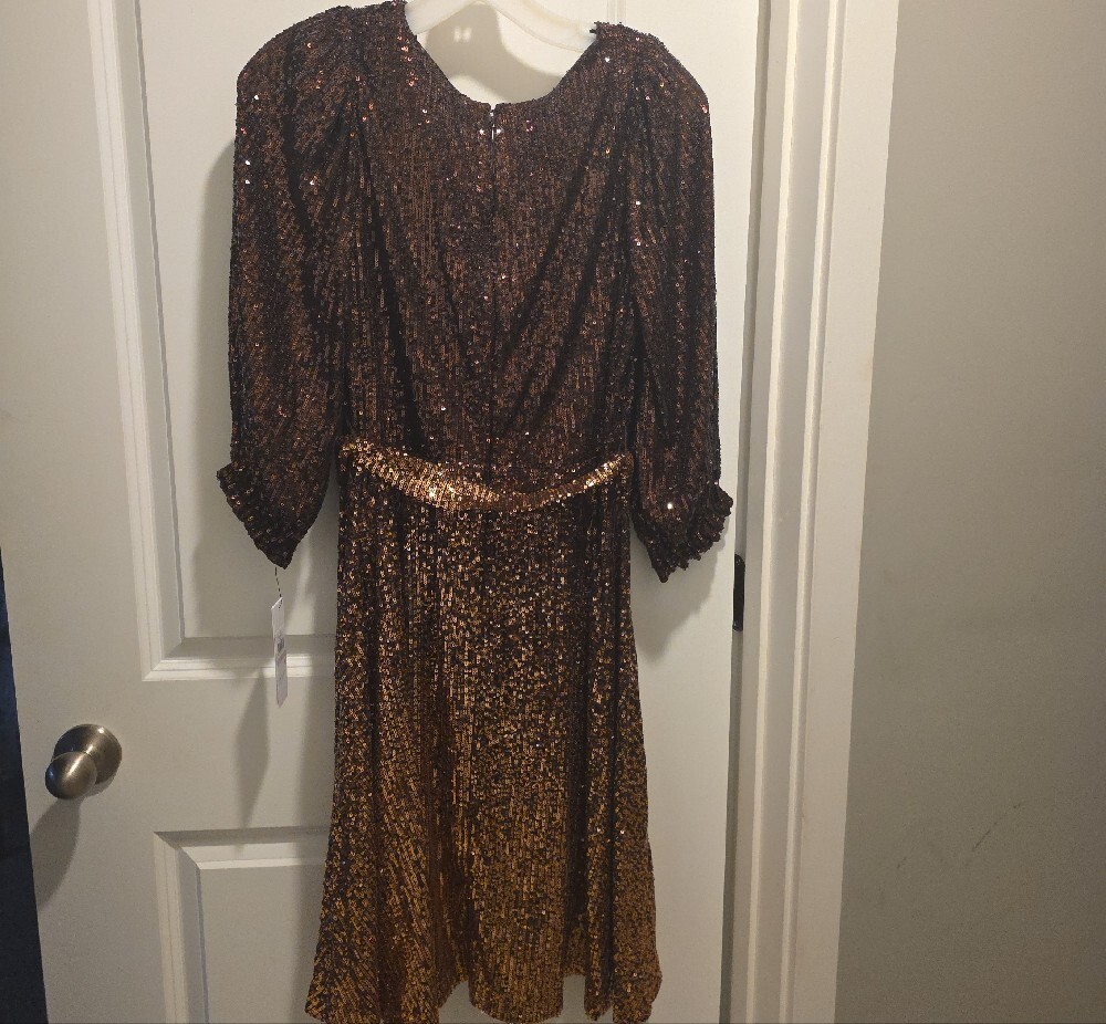 DKNY Two-Tone Bronze Sequin Wrap Midi Dress - Picture 9 of 16